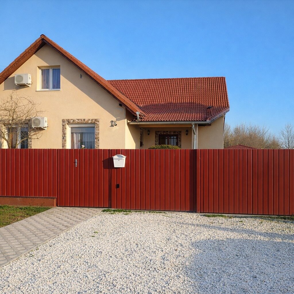 Családi ház utcafronti nézet, fém kerítés, kapu