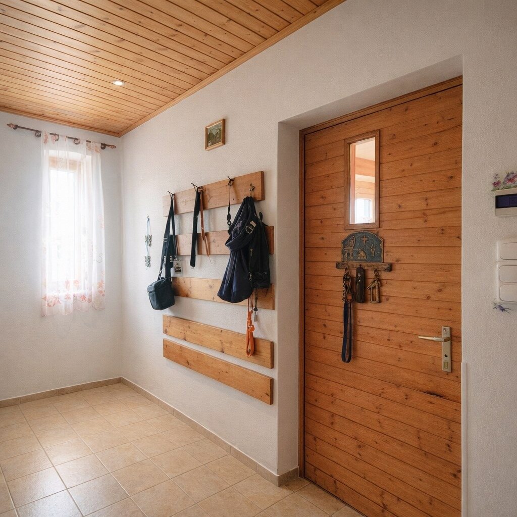 Előszoba fa lambériás mennyezettel, járólappal